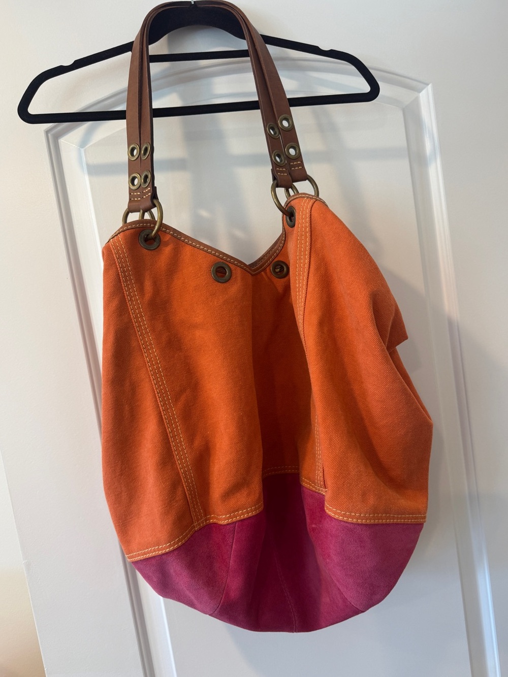 Gorgeous Lucky Brand Oversized Orange Pink Suede Canvas Travel Tote Y2K Rare. 🩷🧡